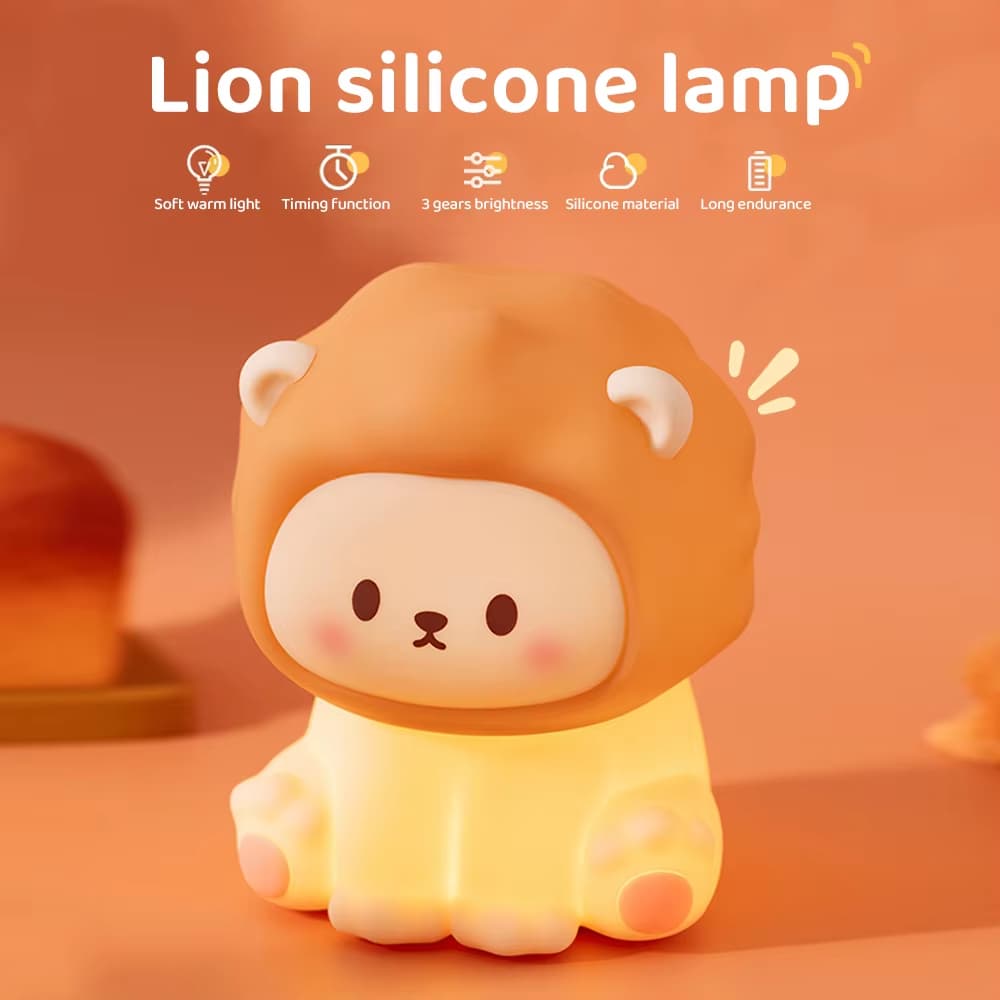 Cute Lion Night Light Rechargeable – Veilleuse Silicone Dimmable 3 Niveaux
